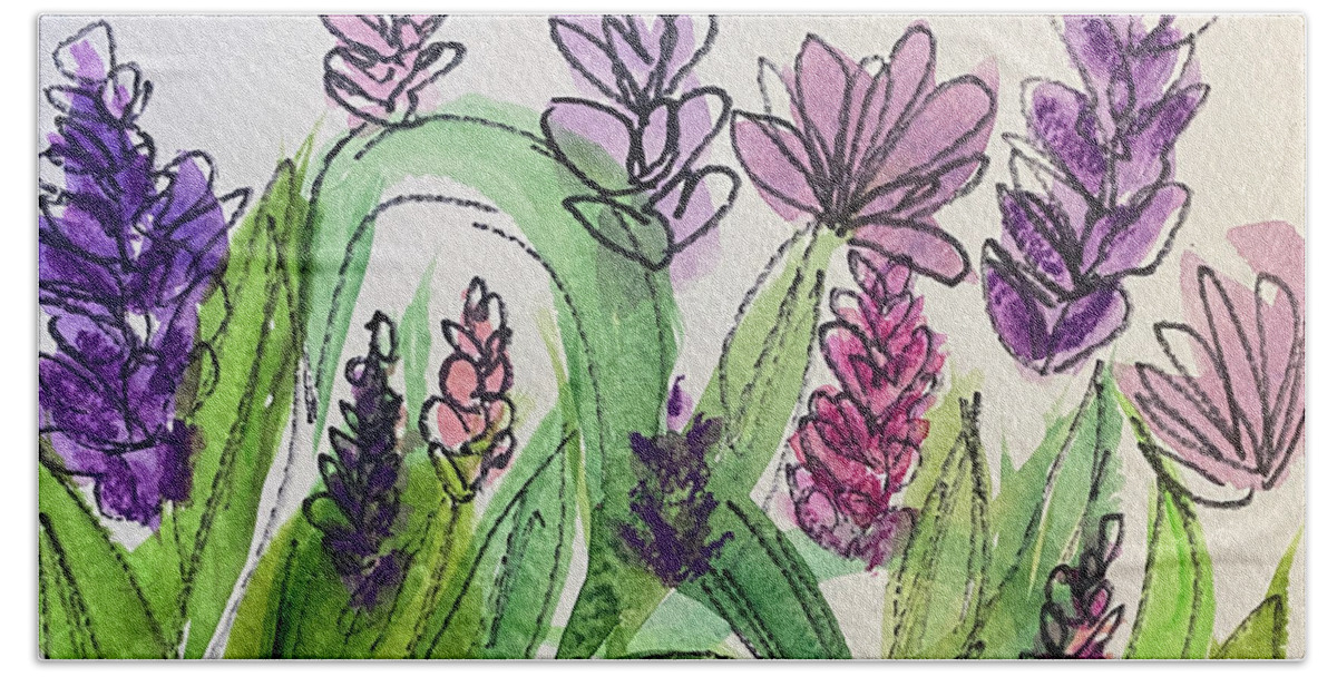 Purple Beach Towel featuring the mixed media Ink and Wash Flowers by Lisa Neuman