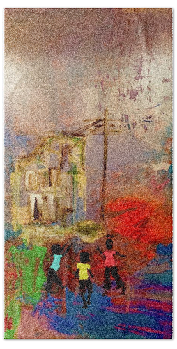 Beach Towel featuring the painting Innocence Behind Ruins 2 by Lilliana Didovic