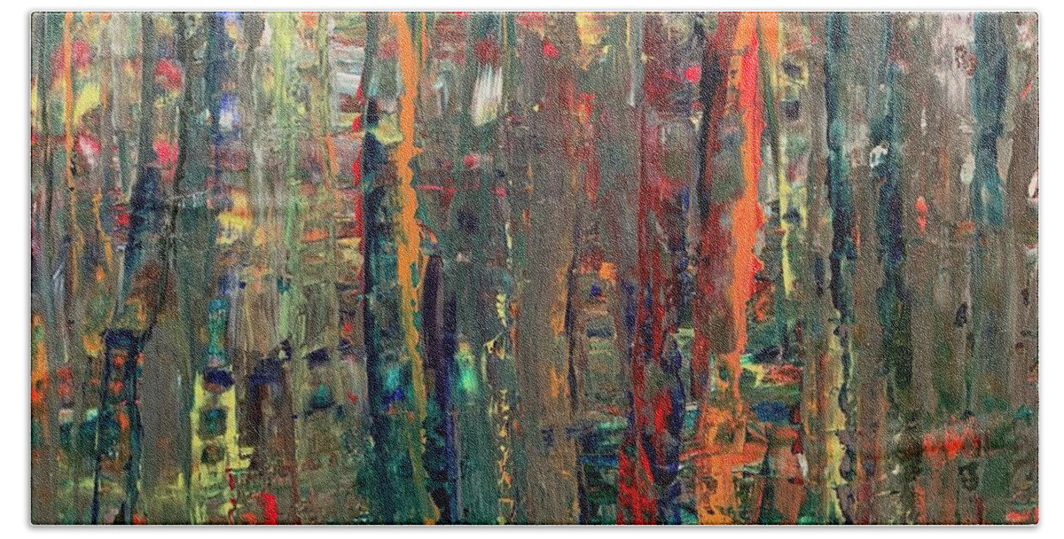 Abstract Beach Towel featuring the painting Into the Woods 1 by Teresa Moerer