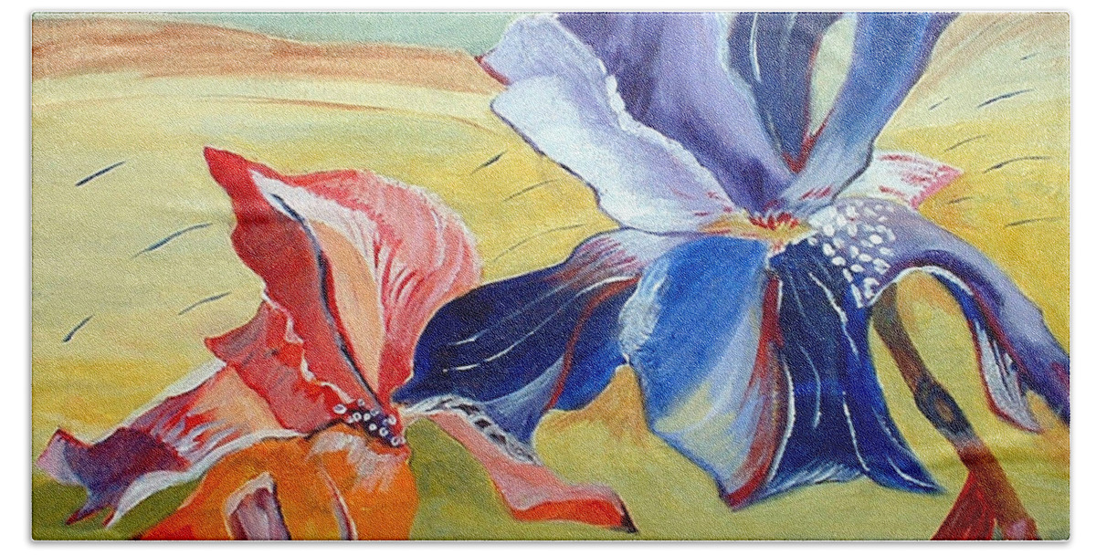 Iris Beach Towel featuring the painting Irises in the wind by Genevieve Holland