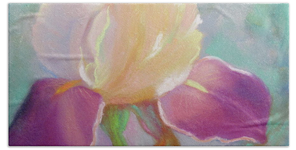 Iris Beach Towel featuring the pastel Iris Violet by Nataya Crow