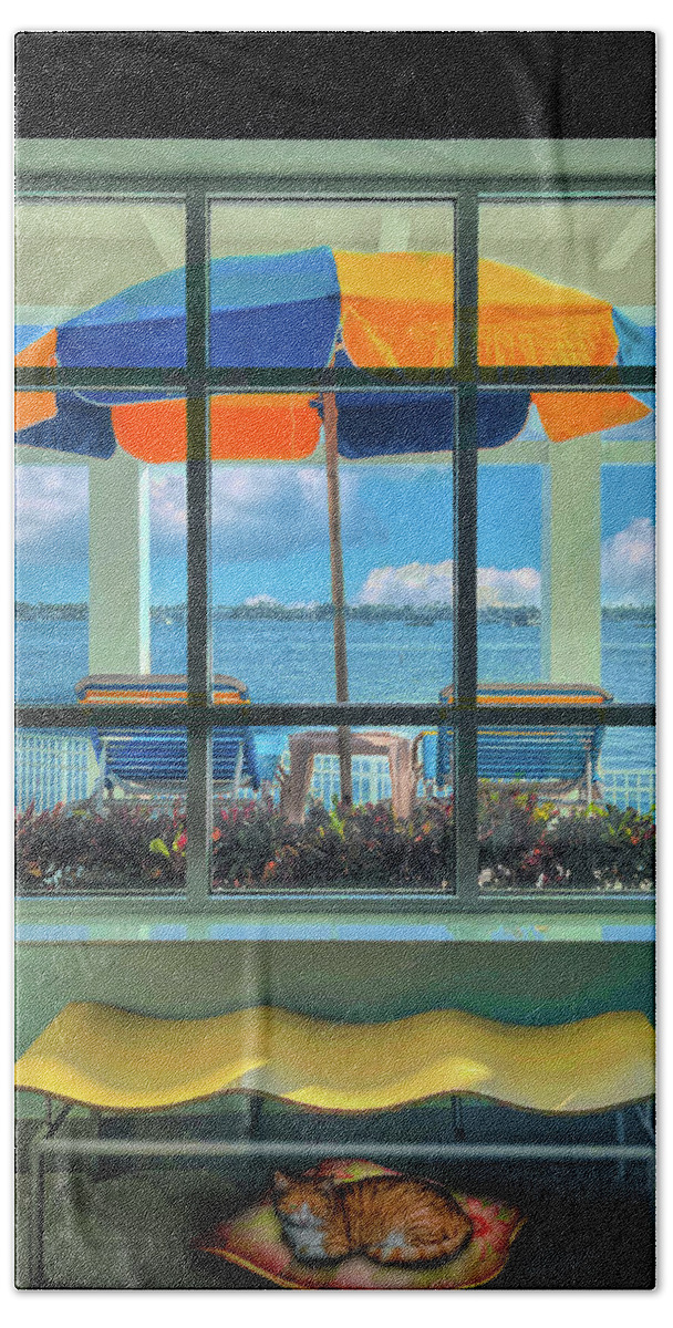 Island Beach Towel featuring the photograph Island Umbrella through the Porch Window by Debra and Dave Vanderlaan