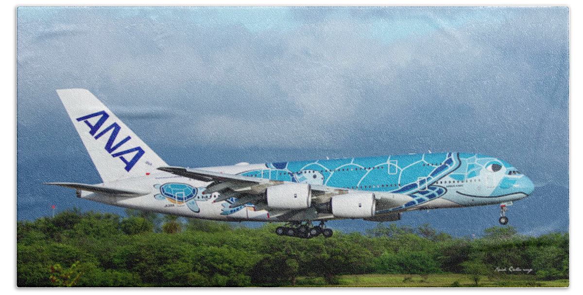 Reid Callaway Ja381a Airbus A380 Images Beach Sheet featuring the photograph JA381A ANA Airbus A380 Landing Daniel K Inouye International Airport Honolulu Art by Reid Callaway