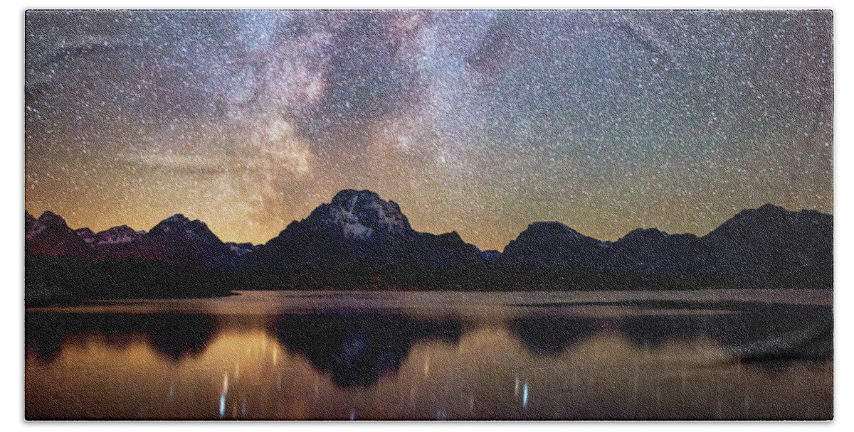 Milky Way Beach Towel featuring the photograph Jackson Lake Milky Way by Darren White