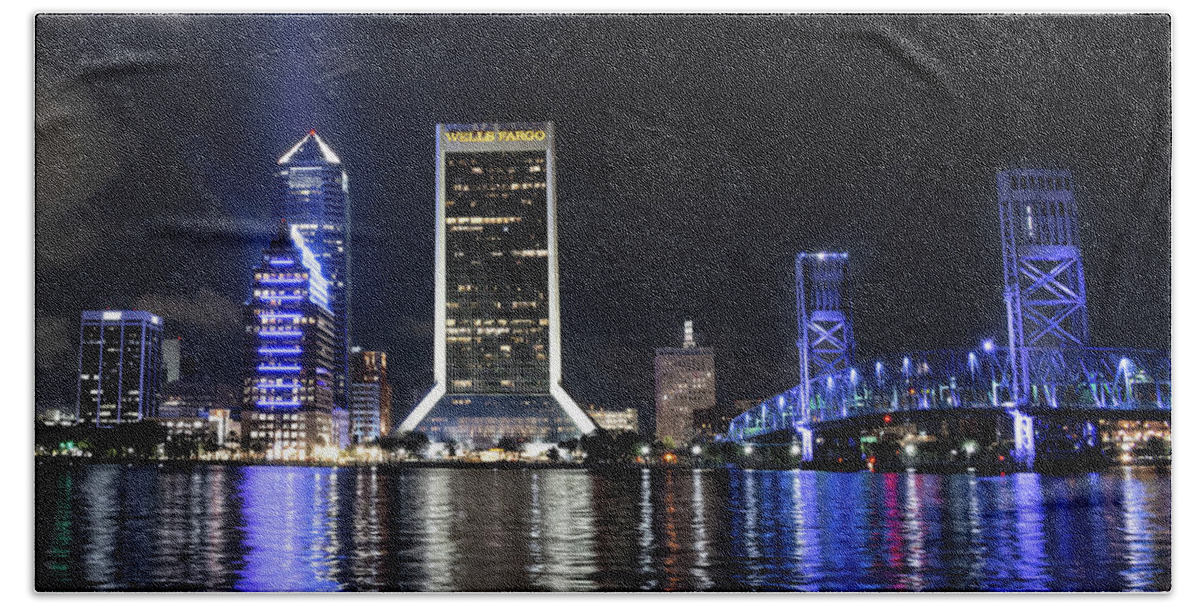 Jacksonville Beach Towel featuring the photograph Jacksonville Florida Nightlight Cityscape by Rebecca Herranen