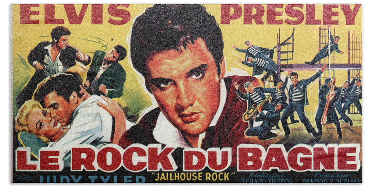 Jailhouse Beach Towel featuring the mixed media ''Jailhouse Rock'', with Elvis Presley, 1957 by Movie World Posters