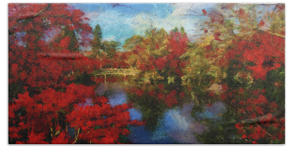 Japanese Beach Towel featuring the painting Japanese Garden in Autumn - DWP1409839 by Dean Wittle