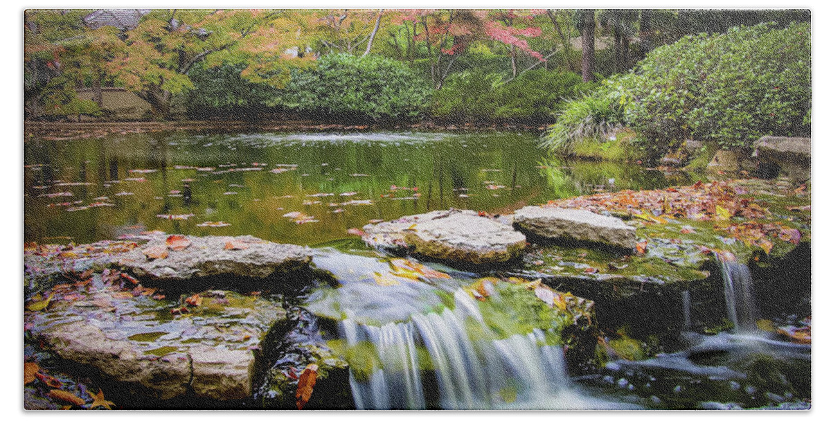 Japanesegarden Beach Towel featuring the photograph Japanese Garden in Fall by Pam Rendall