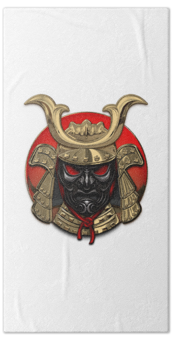 'treasures Of Japan’ Collection By Serge Averbukh Beach Towel featuring the digital art Japanese Samurai Domaru Armor Headgear - Gold Samurai Helmet with Black Face Mask over White Leather by Serge Averbukh