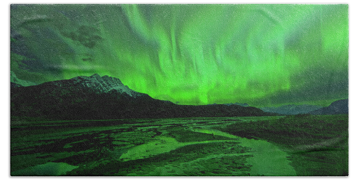 Landscape Beach Towel featuring the photograph Jasper Lake at Night with Aurora by Dan Jurak
