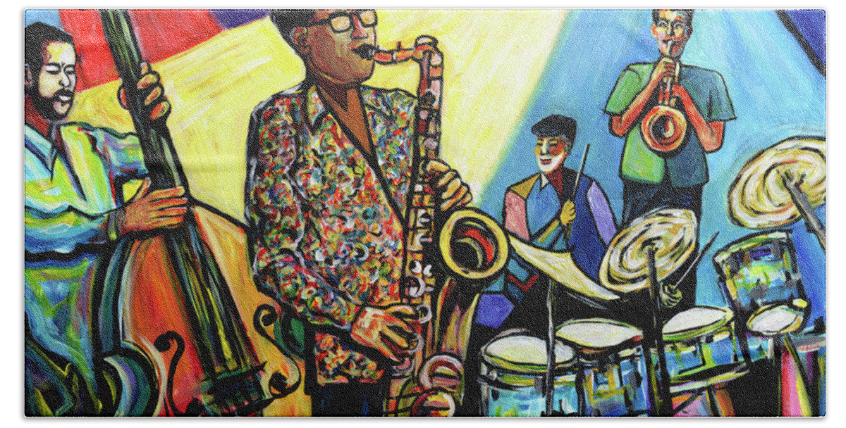 Abstract Art Beach Towel featuring the painting Jazz at Timucua with Jeff Rupert Quartet by Everett Spruill
