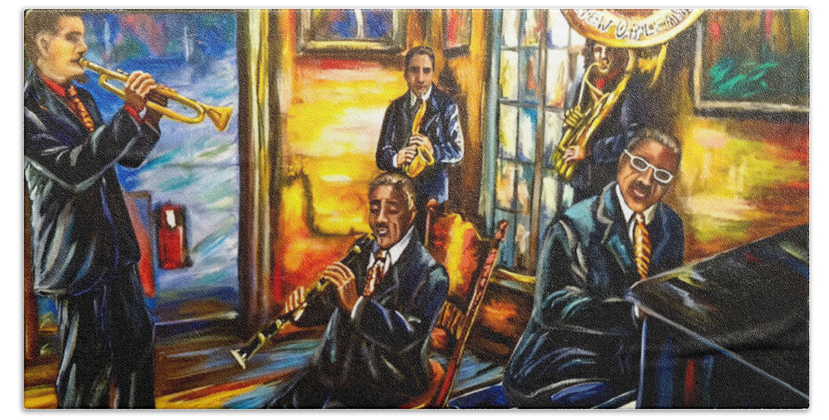 Painting Beach Towel featuring the painting Jazz Band at Preservation Hall by Sherrell Rodgers