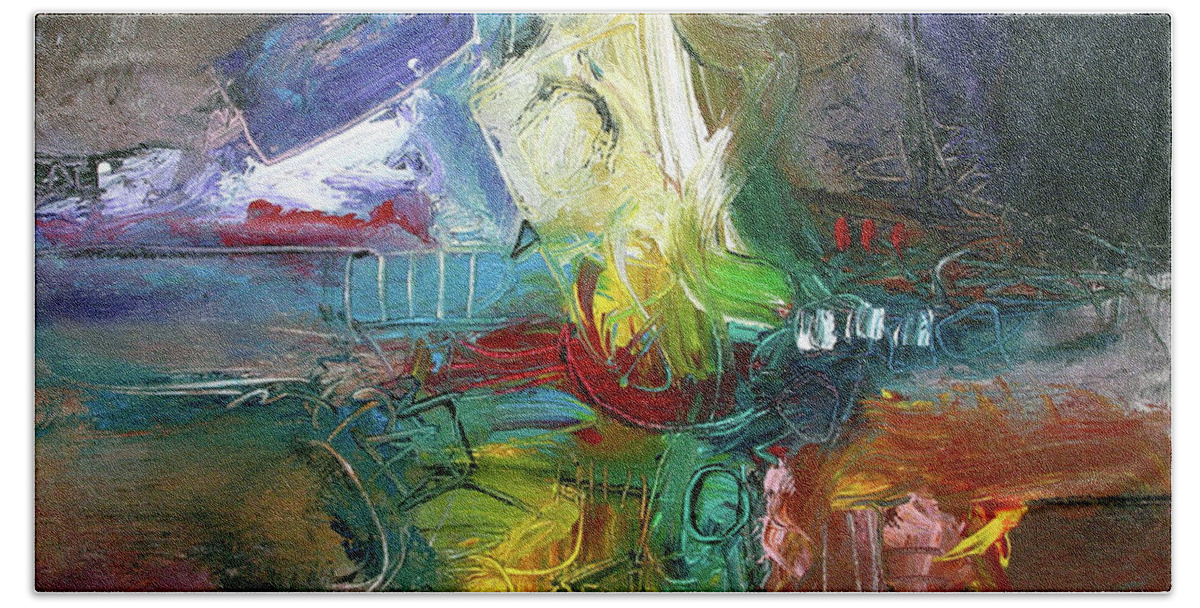 Abstract Beach Towel featuring the painting Jazz Happy by Jim Stallings