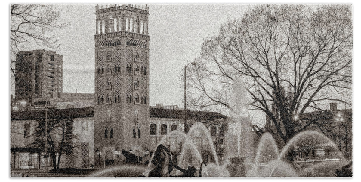 Missouri Beach Towel featuring the photograph J.C. Nichols Memorial Fountain in the Plaza - Kansas City Sepia Square Format by Gregory Ballos