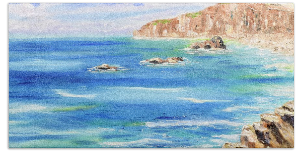 Seascape Beach Towel featuring the painting Jetty at Dana Point by Mary Scott