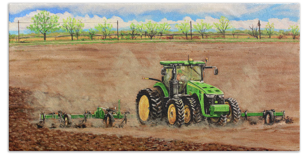 Farming Beach Towel featuring the painting John Deere 8345R Tractor Pulling a Cultivator by Karl Wagner