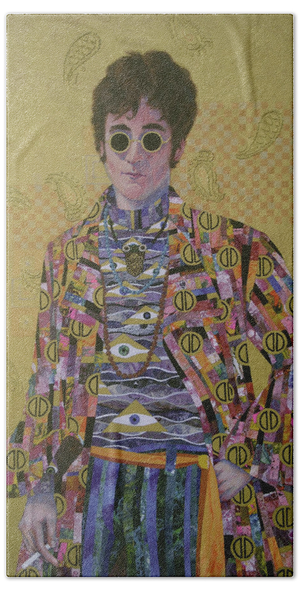 John Lennon Beach Towel featuring the painting John Lennon and the Amazing Technicolor Klimt Coat by Marguerite Chadwick-Juner