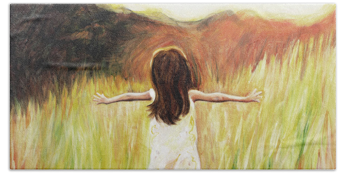 Joy Girl Running Field Sunshine Happy Joyful Peaceful Daughter Free Beach Towel featuring the painting Joy by Pamela Schwartz