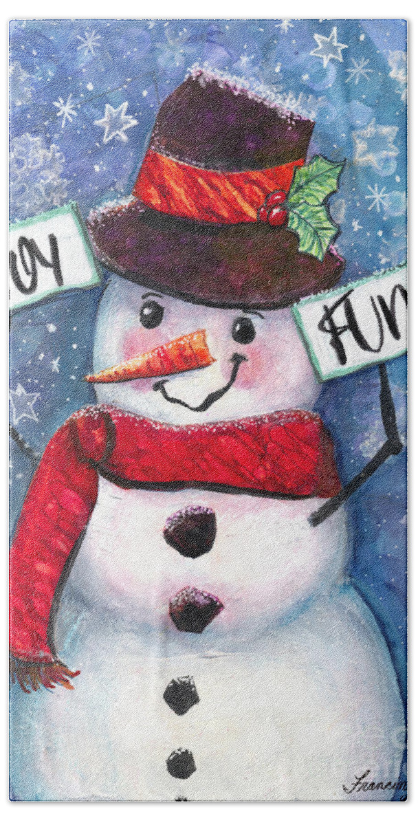 Snowman Beach Towel featuring the mixed media Joyful and Fun Snowman by Francine Dufour Jones