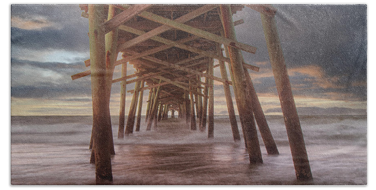 Fishing Pier Beach Towel featuring the photograph July Sunset at Oceanana Pier - North Carolina Crystal Coast by Bob Decker