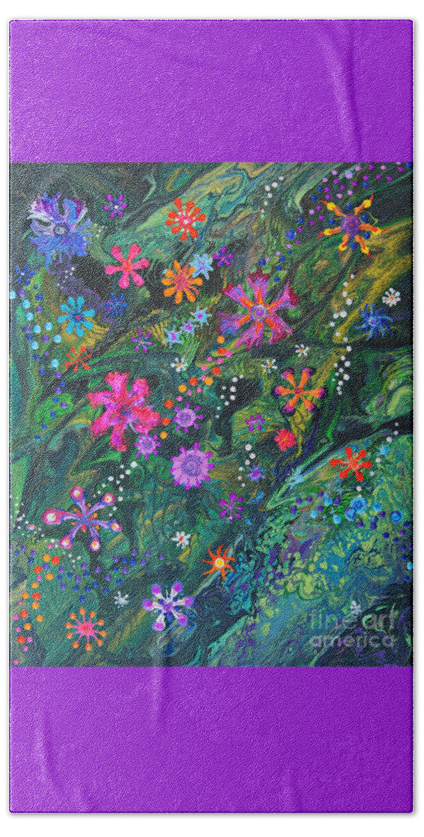 Flowers Floral Lush Tropical Organic Colorful Vibrant Dramatic Fun Beach Sheet featuring the painting Jungle Seduction 7022 B by Priscilla Batzell Expressionist Art Studio Gallery