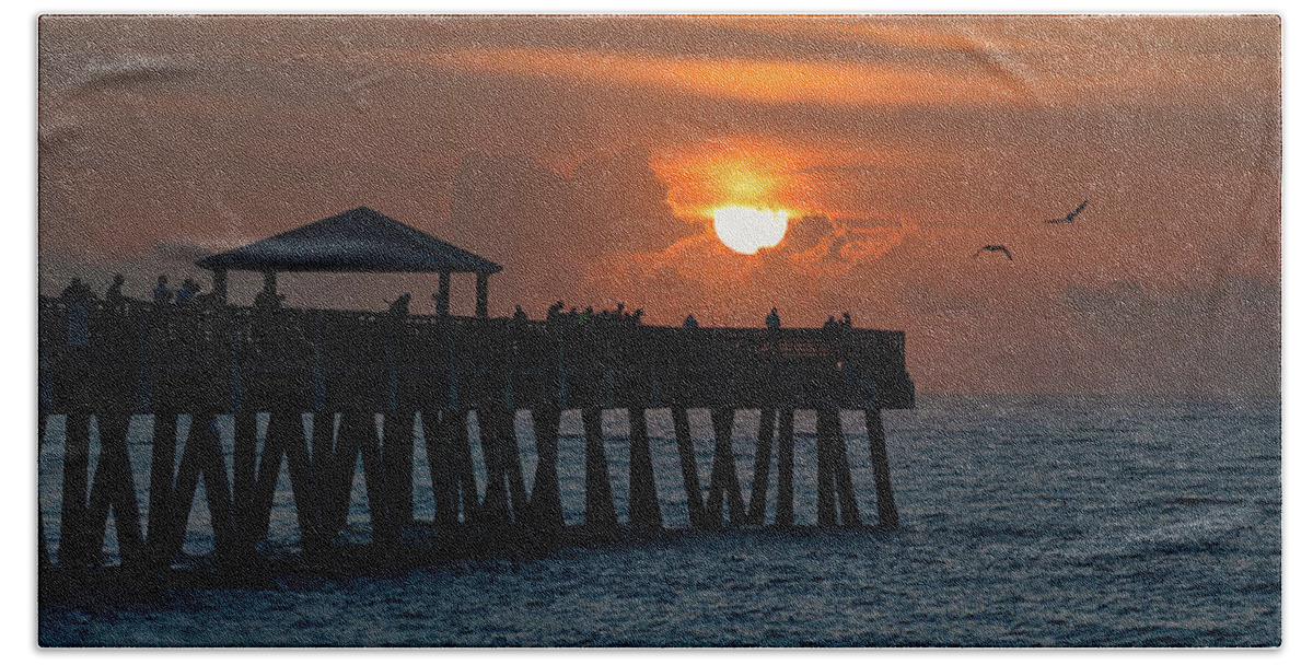 Juno Beach Pier Beach Towel featuring the photograph Juno Beach Pier Sunrise and Birds Atlantic Ocean by Kim Seng