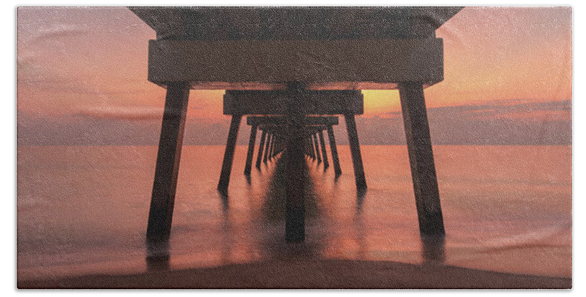Juno Beach Pier Beach Towel featuring the photograph Juno Pier Sunrise Pink Panorama by Kim Seng