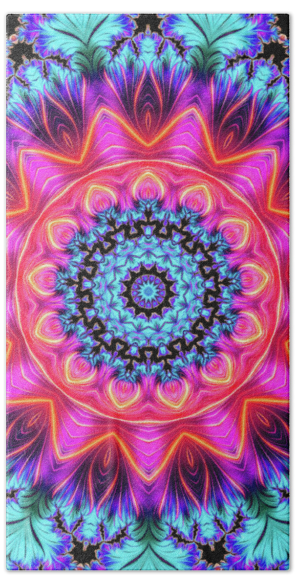 Mandala Beach Towel featuring the digital art Kaleidoscope Art Mandala Style Turquoise Pink Purple by Matthias Hauser