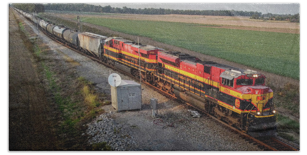 Railroad Beach Towel featuring the photograph Kansas City Southern 4054 and 4744 lead loaded ethanol train by Jim Pearson
