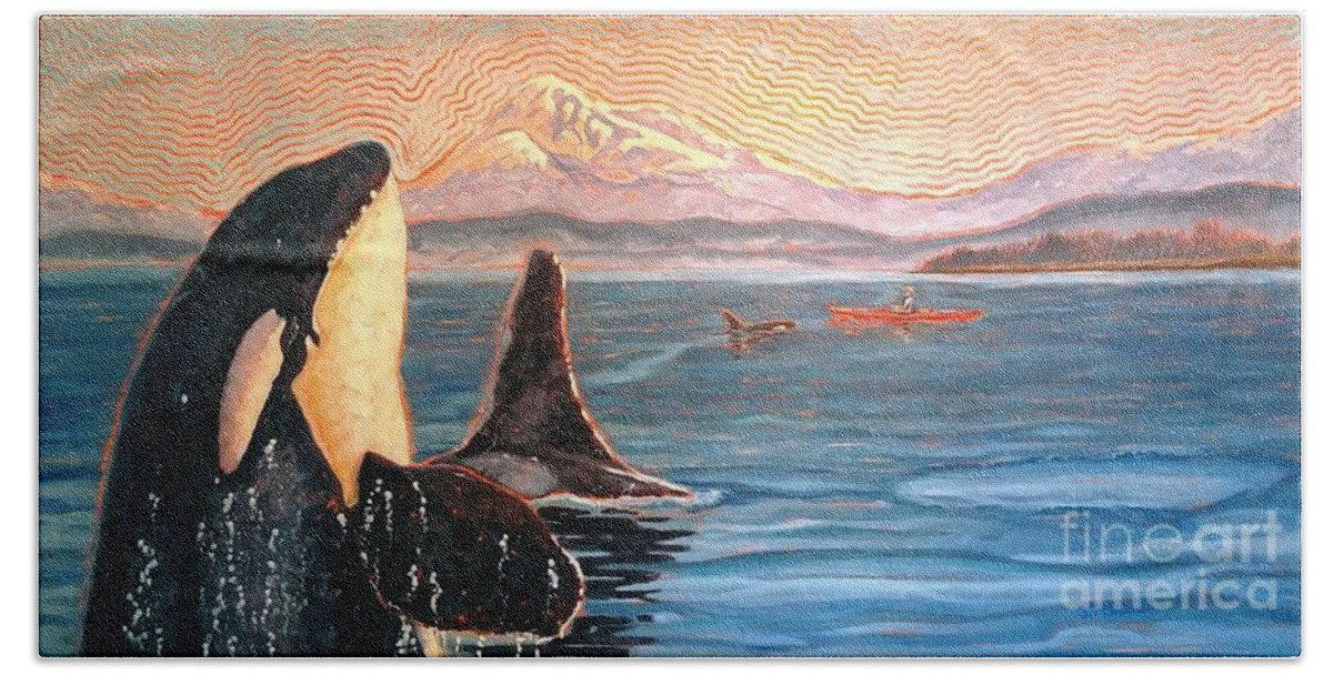 Orcas Beach Towel featuring the painting Kayak the Salish Sea by Janet McDonald