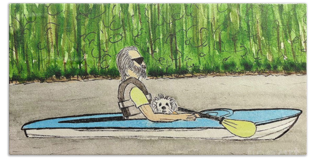 Kayaking Beach Towel featuring the painting Kayaking with Tootsie by Donna Mibus