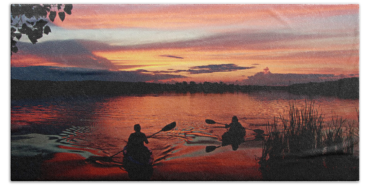 Kayaks At Beautiful Nimisila Reservoir In The City Of Green Beach Towel featuring the photograph Kayaks at Red Sunset by Mary Walchuck