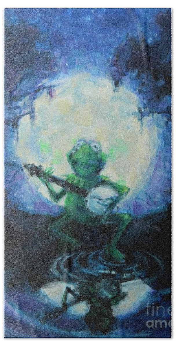 Muppets Beach Towel featuring the painting Kermit Under The Moon by Dan Campbell