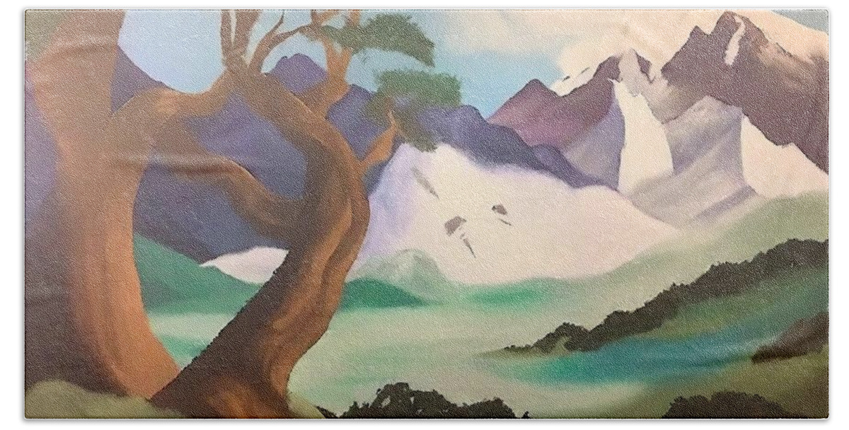 Snow Beach Towel featuring the painting Kiefer in den Bergen/Tree in the hills Painting snow tree hills mood nature abstract acrylic alpine alps art artistic background beautiful blue calm canvas clouds cold dark dawn day digital forest by N Akkash