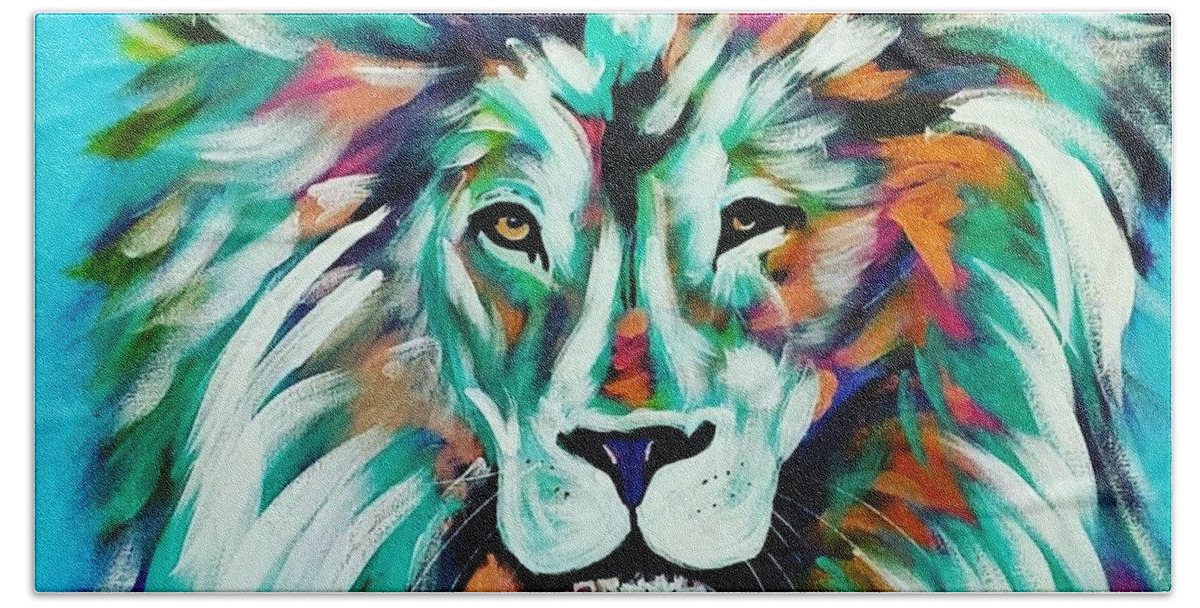 Lion Beach Towel featuring the painting King by Amy Kuenzie
