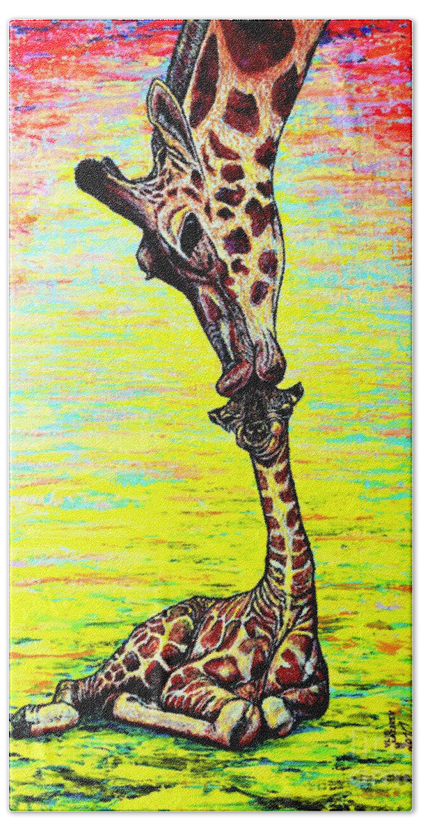 Giraffe Beach Towel featuring the painting Kiss by Viktor Lazarev