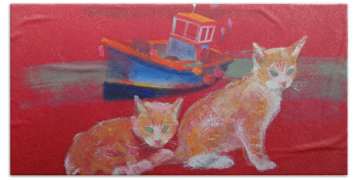 Kittens Beach Towel featuring the painting Kittens With Boat by Charles Stuart