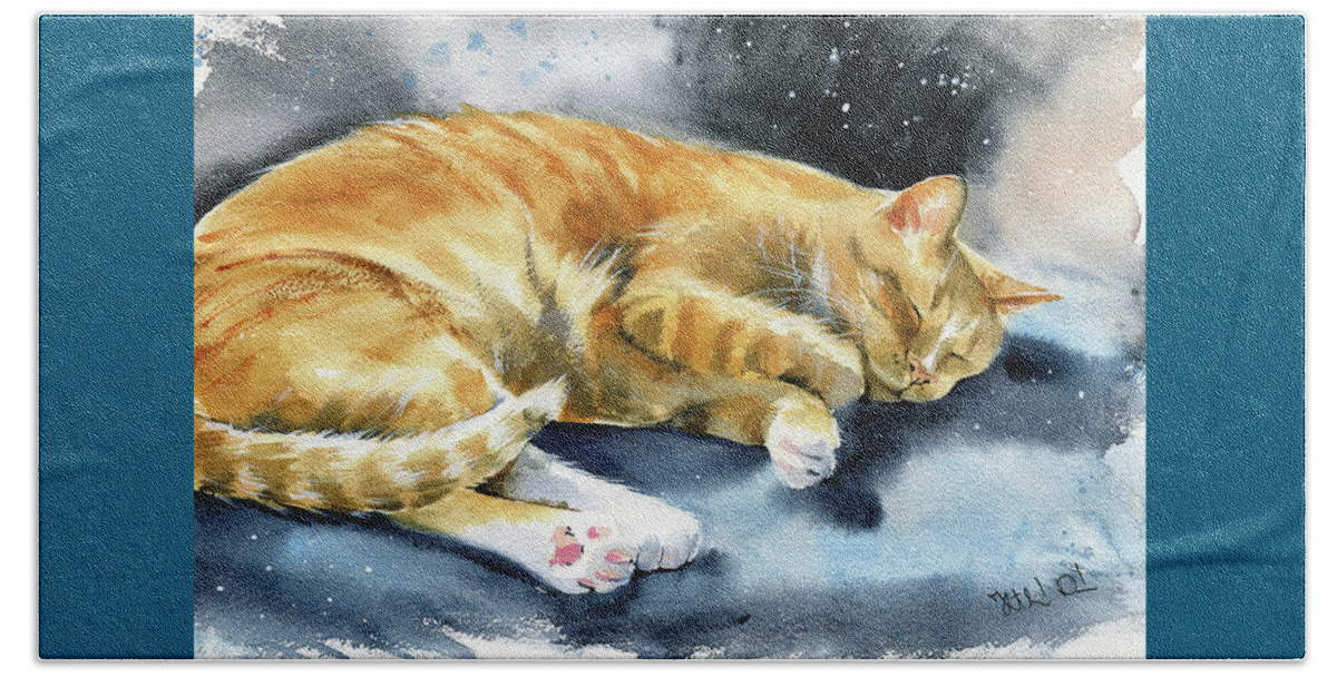 Kitty Beach Towel featuring the painting Kitty Orange Tabby Painting by Dora Hathazi Mendes