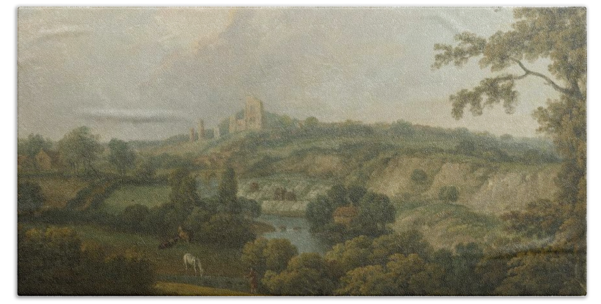 Dall Beach Towel featuring the painting Knaresborough Yorkshire with the drying of wool in the distance by Nicholas Thomas Dall