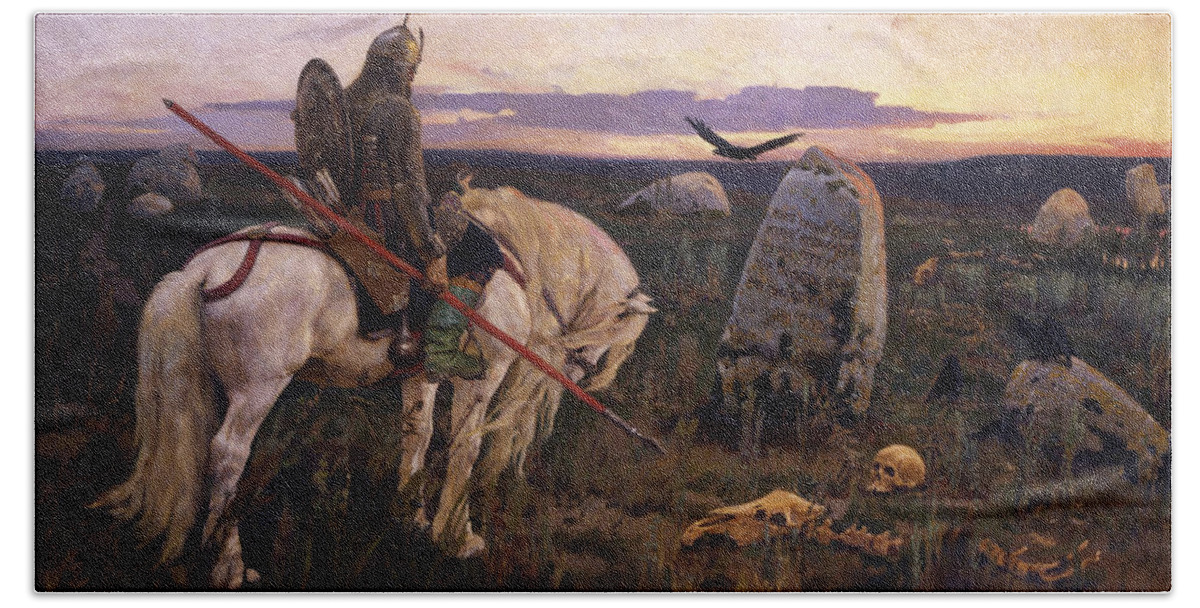 Knight Beach Towel featuring the painting Knight at the Crosscroads by Viktor Mikhailovich Vasnetsov