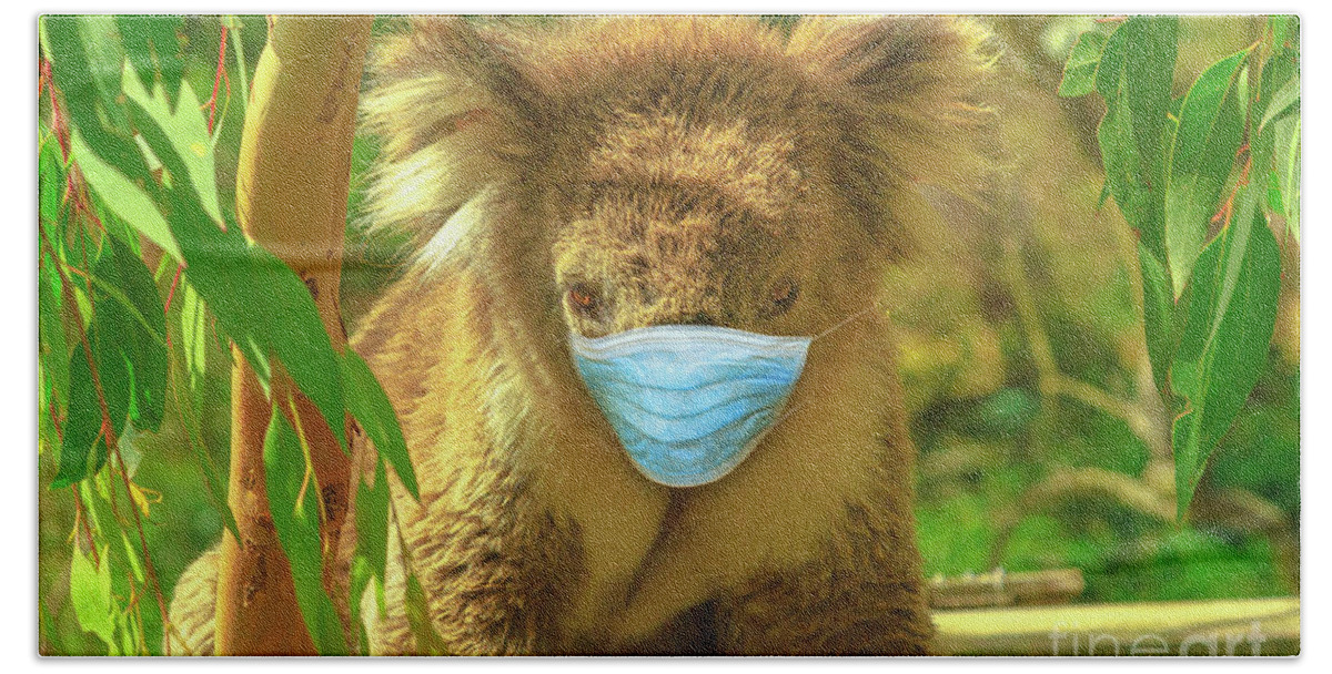 Covid 19 Australia Beach Towel featuring the photograph Koala With Surgical Mask by Benny Marty