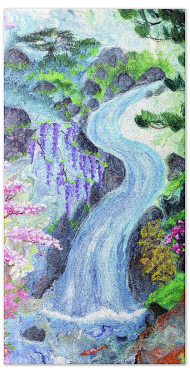 Sakura Beach Towel featuring the painting Koi Beneath a Cascading Waterfall by Laura Iverson