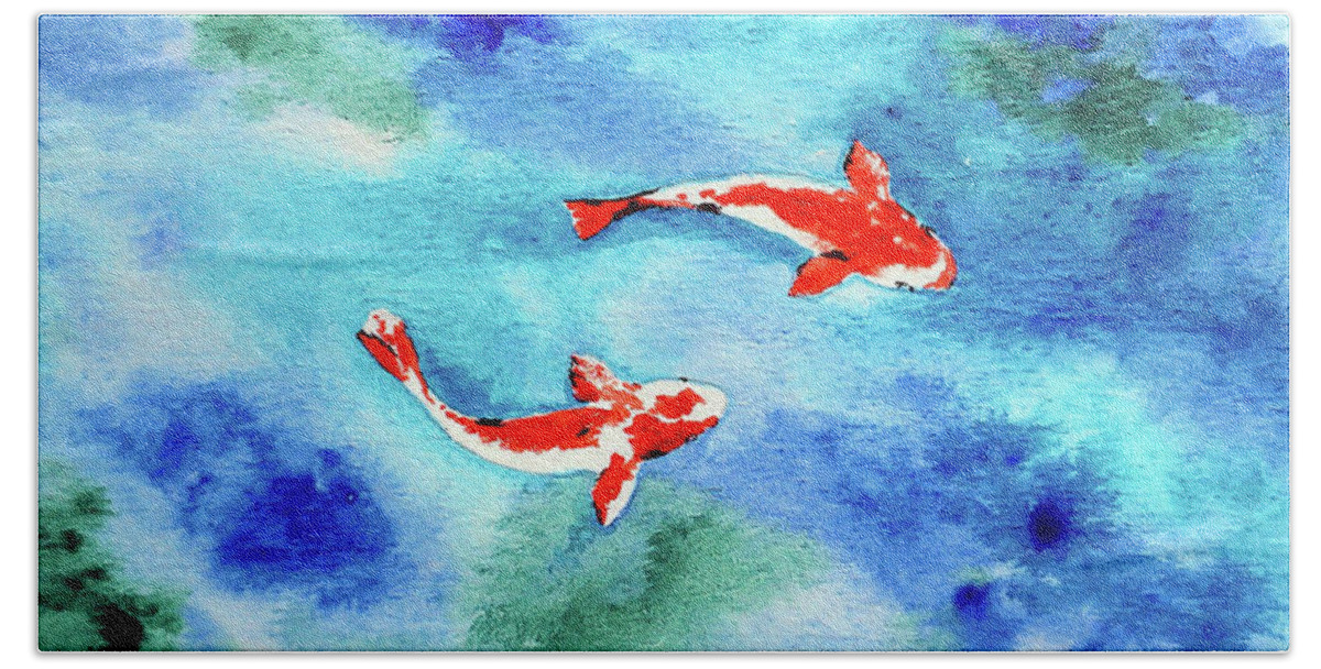 Watercolor Beach Towel featuring the painting Koi in Pond by Rohvannyn Shaw