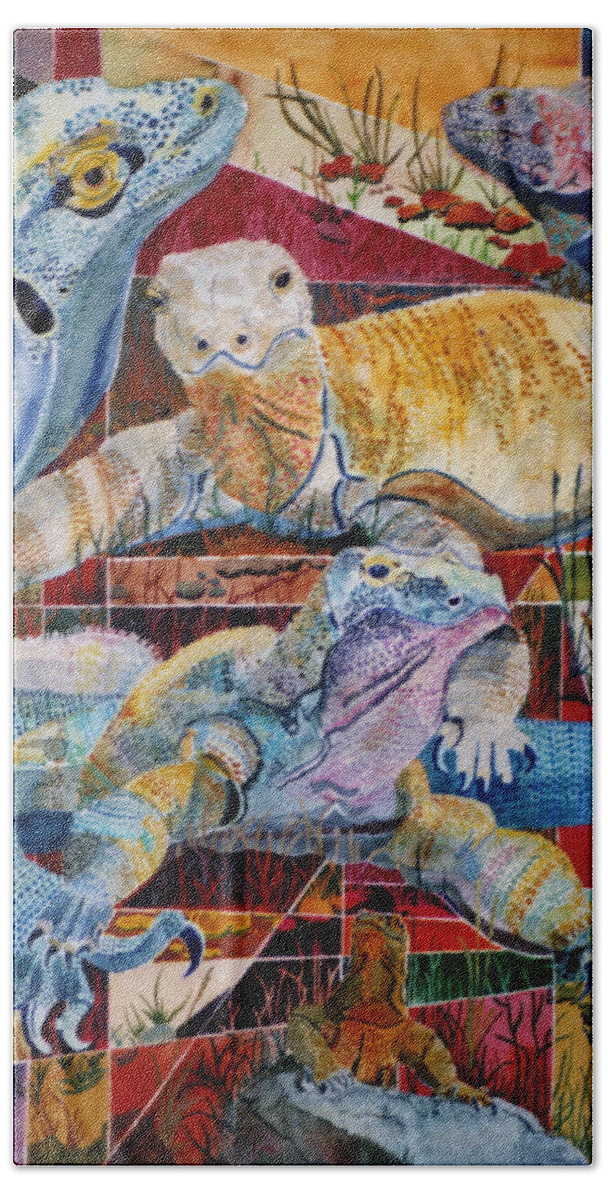 Giant Iguana Beach Towel featuring the painting Komodo Dragons by Karen Merry