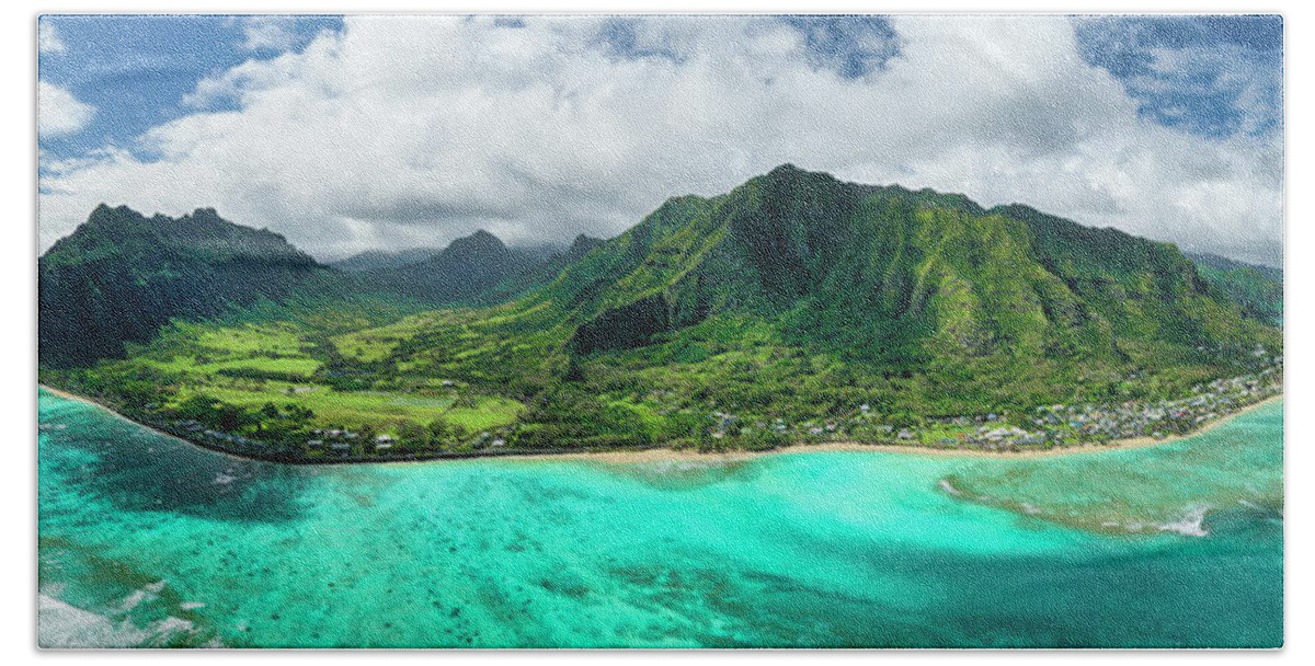 Panorama Of East Side Oahu Mountains Beach Towel featuring the photograph Kualoa Ranch Hawaii by Leonardo Dale