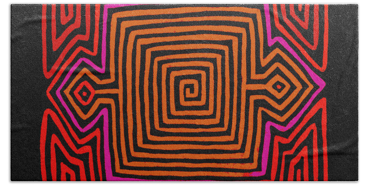 Tribal Decor Beach Towel featuring the digital art Kuna Indian Tortuga Mola - Orange by Vagabond Folk Art - Virginia Vivier