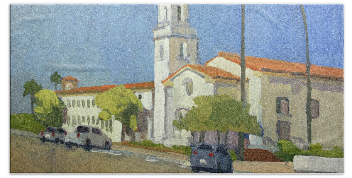 La Jolla Presbyterian Beach Towel featuring the painting La Jolla Presbyterian Church - La Jolla, San Diego, California by Paul Strahm