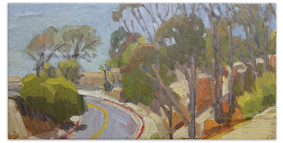 La Jolla Shores Drive Beach Towel featuring the painting La Jolla Shores Drive From UCSD - San Diego, California by Paul Strahm