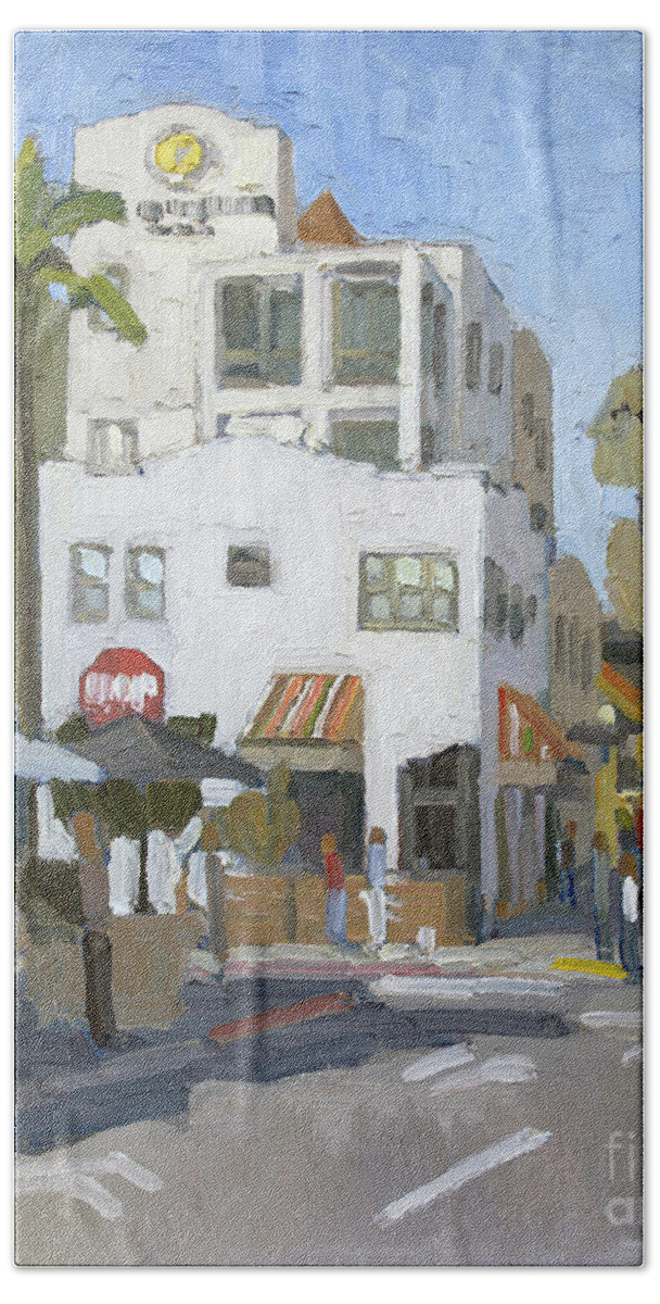 La Pensione Beach Towel featuring the painting La Pensione - Little Italy, San Diego, California by Paul Strahm