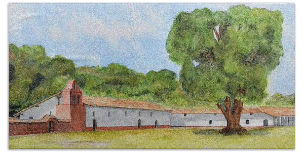 California Beach Towel featuring the painting La Purisima Mission Panorama - Watercolor by Claudette Carlton